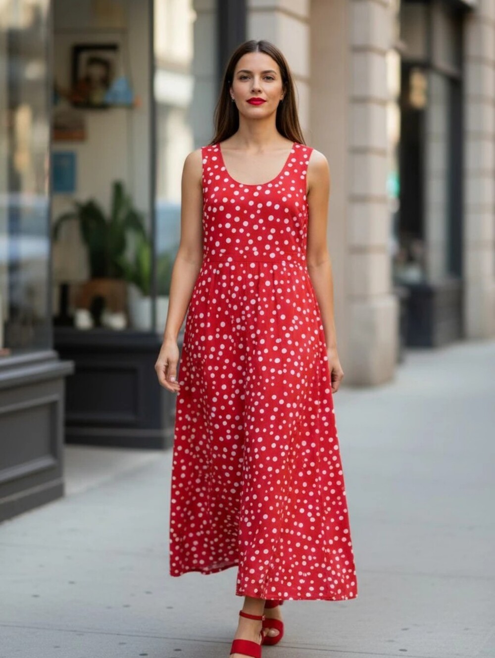 CHADWICKS Red Polka Dot Sleeveless Midi Dress SIZE SMALL